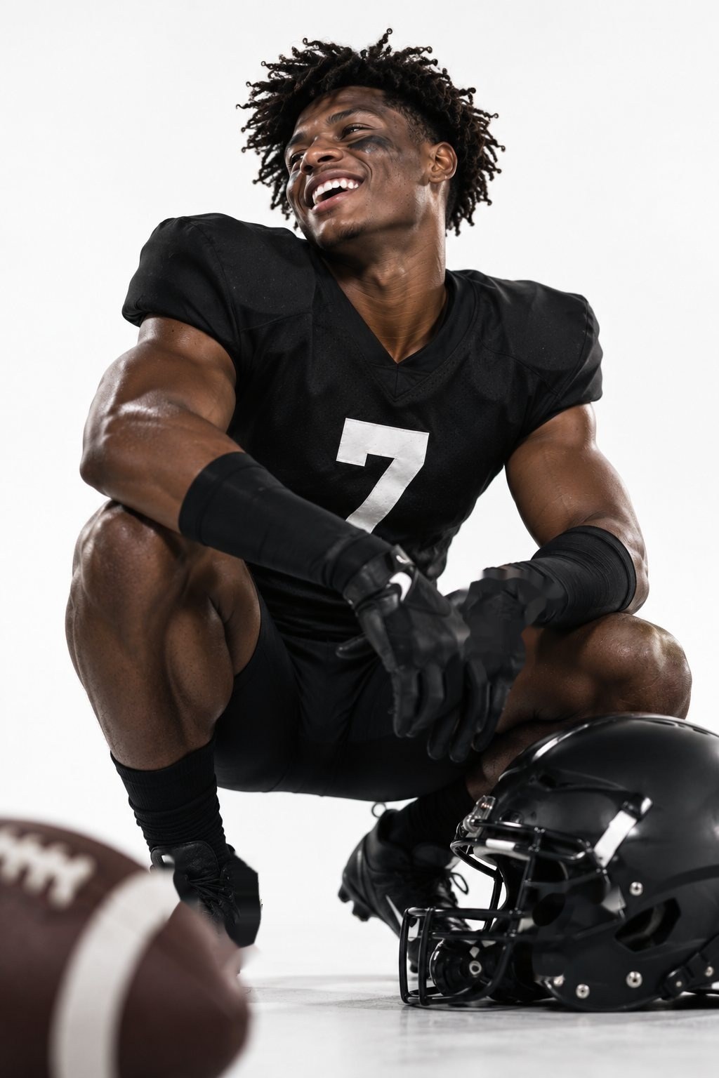Football player sitting beside his helmet, laughing and looking off camera