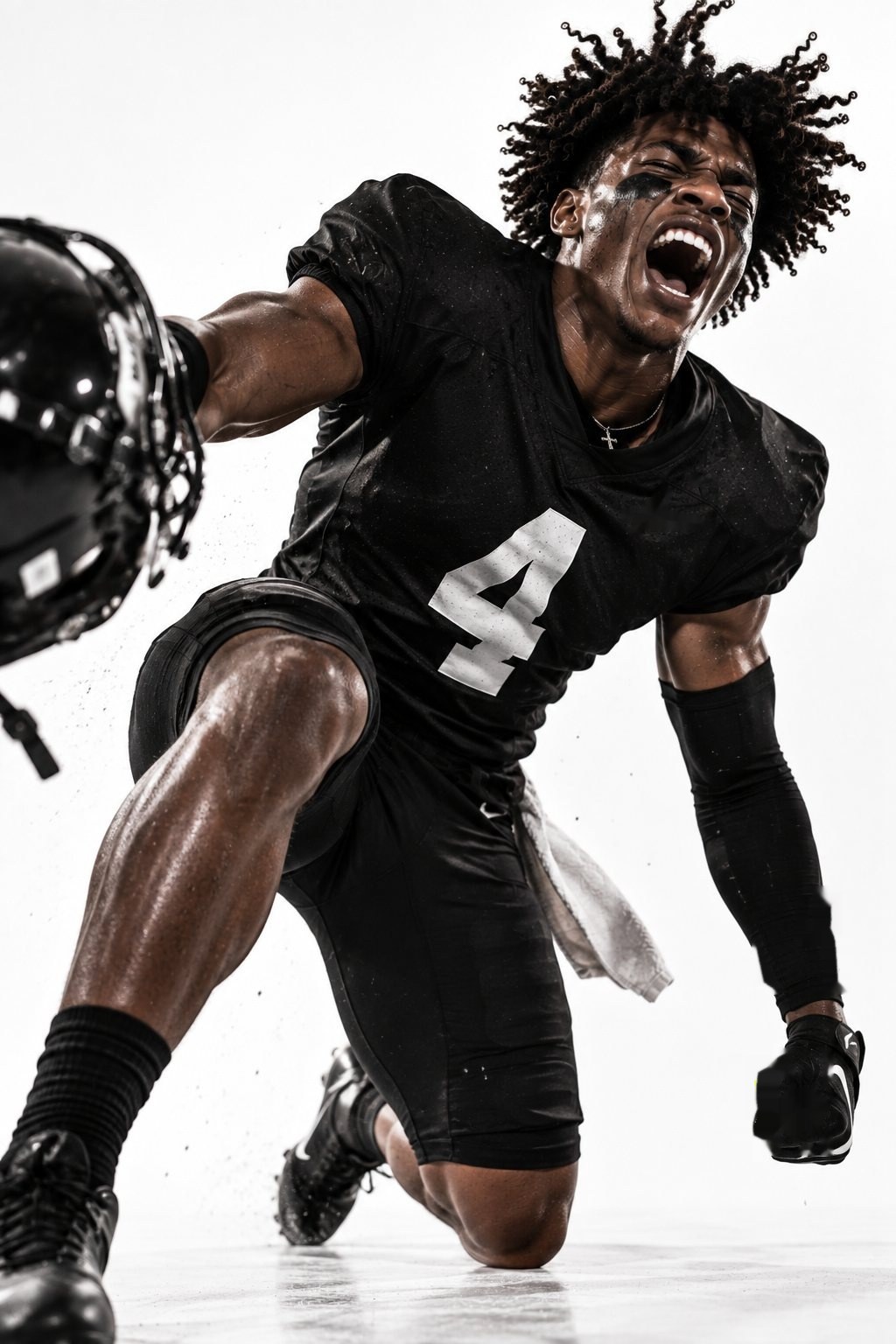 Football player on one knee mid-shout